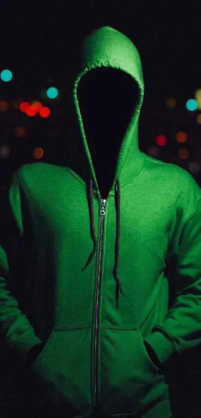 Faceless figure in a green hoodie art, set against a blurred city night backdrop.