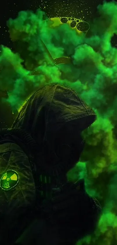 Dark, hooded figure with green smoke background.