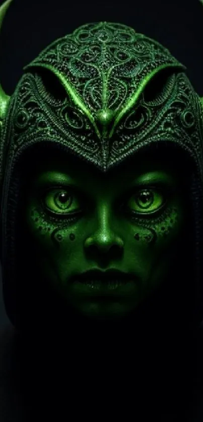 Green warrior with intricate helmet on dark background.