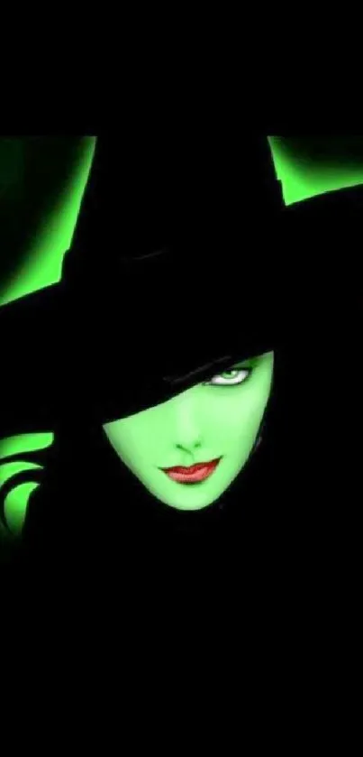 Mysterious green witch with hat and dark background.