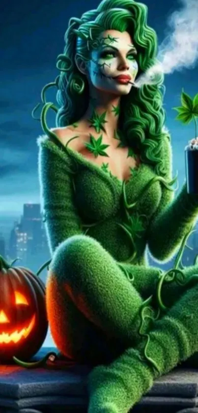 Mystical green woman in a cityscape setting with a pumpkin and steamy cup.
