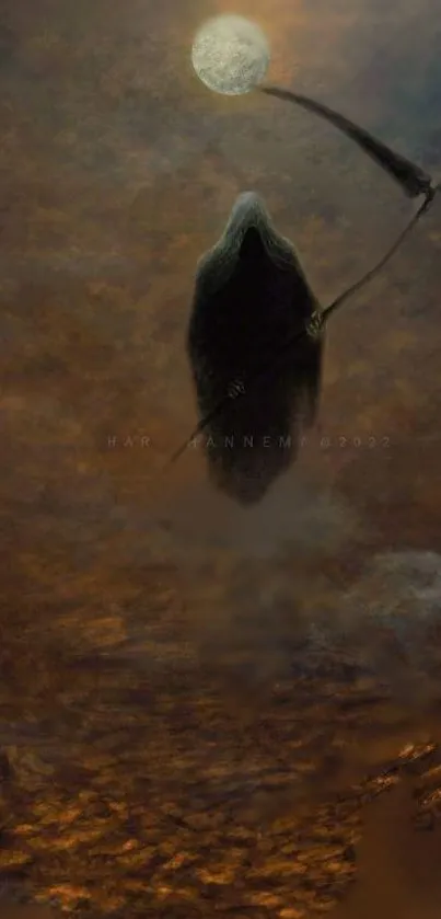 Dark Grim Reaper under full moon, mystical art wallpaper.