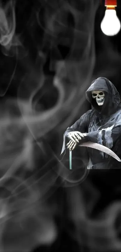 Grim Reaper with scythe amidst swirling smoke.