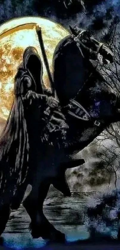 Grim reaper on horse with moon, dark theme wallpaper.