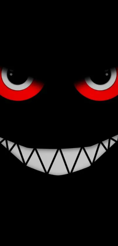 Sinister face with glowing red eyes and sharp smile on a black background.