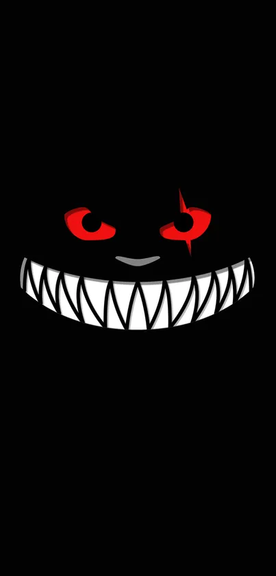 Dark wallpaper with grinning shadow face and red eyes.