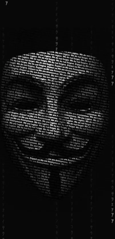 Mysterious digital text forming a Guy Fawkes mask on a black background.