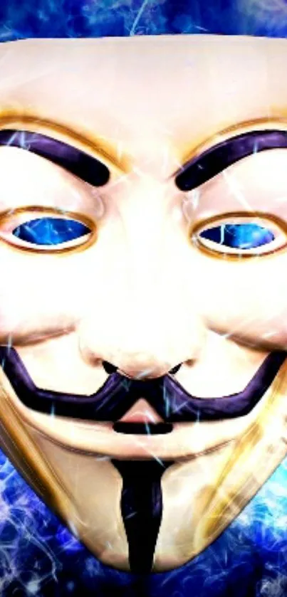 Guy Fawkes mask with a blue glow in a mobile wallpaper.