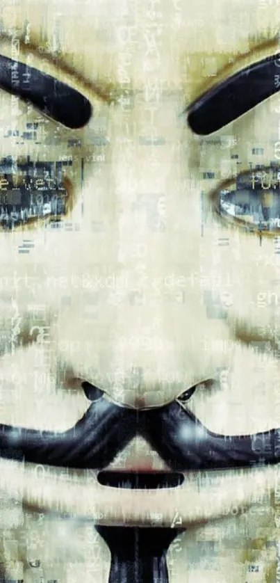 Guy Fawkes digital mask with cryptic codes.