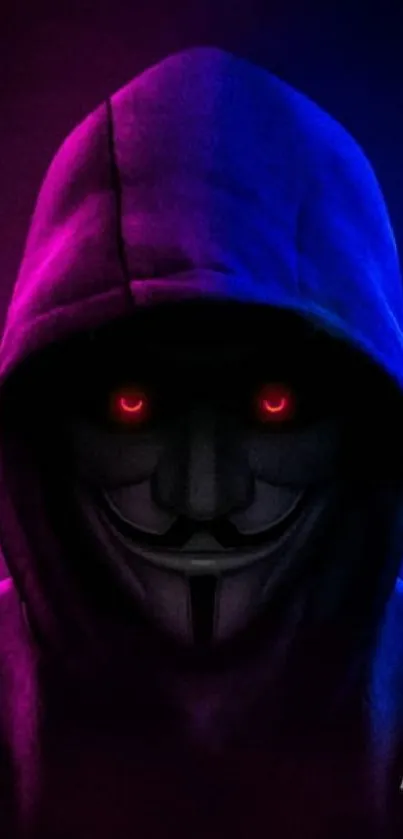 Mysterious hooded figure with glowing eyes on a purple background.