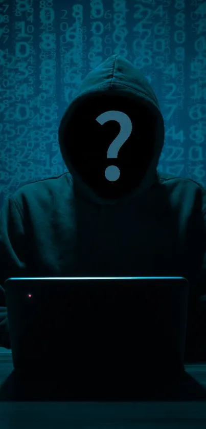 Dark hooded figure in front of binary code.