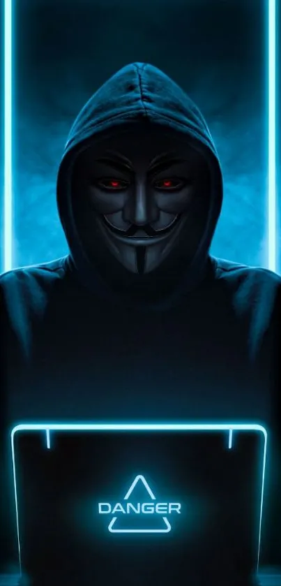 Hacker-themed mobile wallpaper with neon blue glow.