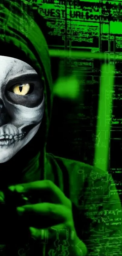 Green-hued wallpaper featuring a hacker in a digital code background.