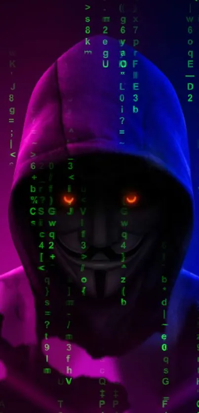 Hooded hacker figure with glowing binary code in purple and blue hues.