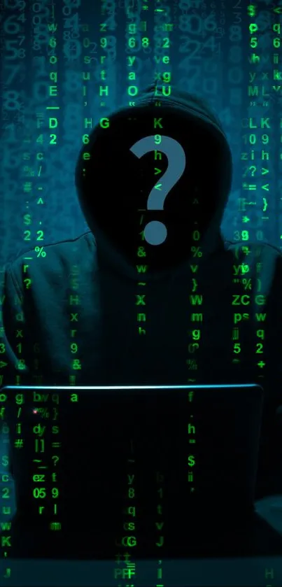 Mystical hacker in a dark blue digital art wallpaper with mysterious codes.