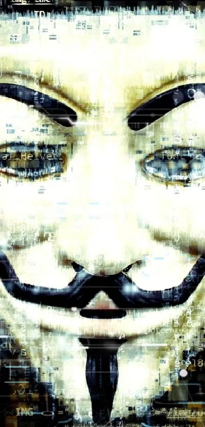 Anonymous hacker mask with digital effects on a dark background.