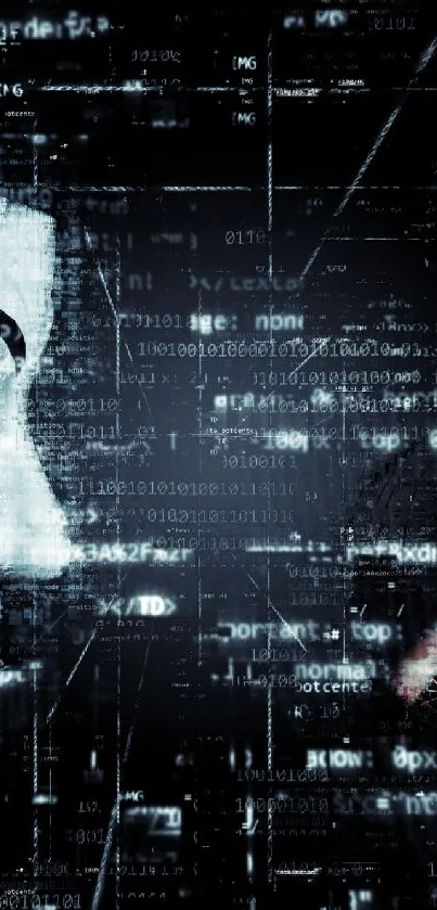 Digital wallpaper with hacker mask and cascading code.