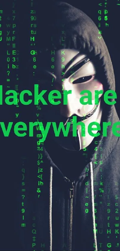 Mysterious hacker figure with mask on dark background.