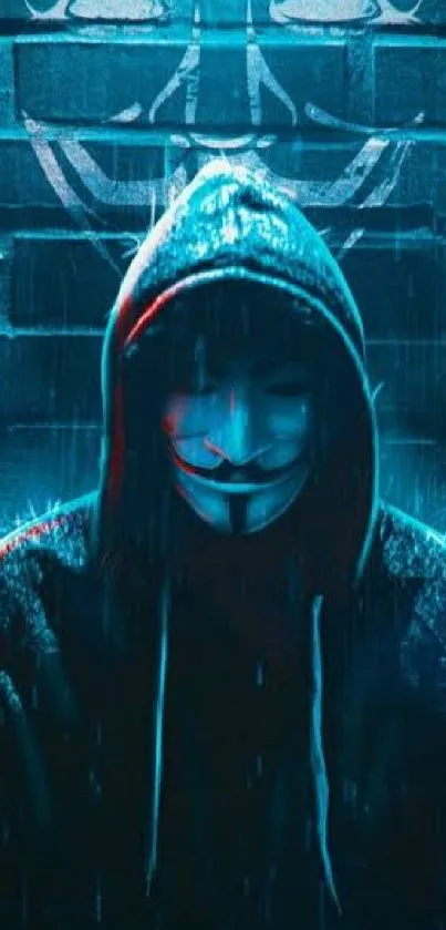 Mysterious neon-lit Guy Fawkes mask wallpaper, perfect for tech enthusiasts.