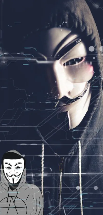 Mysterious hacker mask with digital circuits on a dark background.