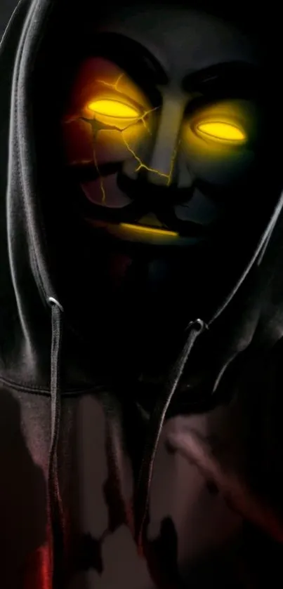 Dark mysterious wallpaper with glowing eyes and a hooded mask.