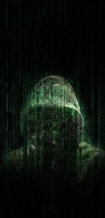 Dark green coded wallpaper with a mysterious hooded figure.