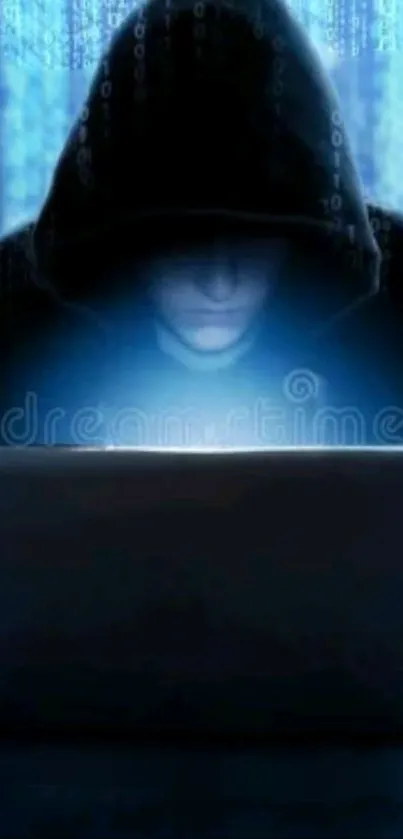 Hooded figure with laptop and glowing screen on blue background.