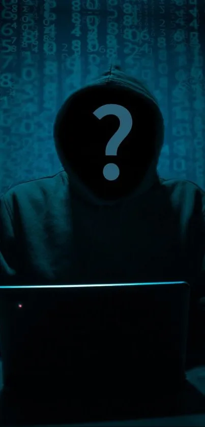 Mysterious figure with laptop, binary code background.