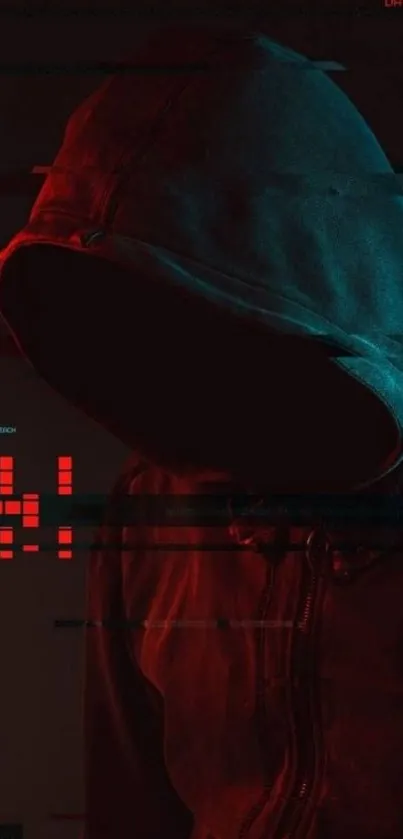 Hacker-themed wallpaper with hooded figure in shadow, accented by digital red codes.