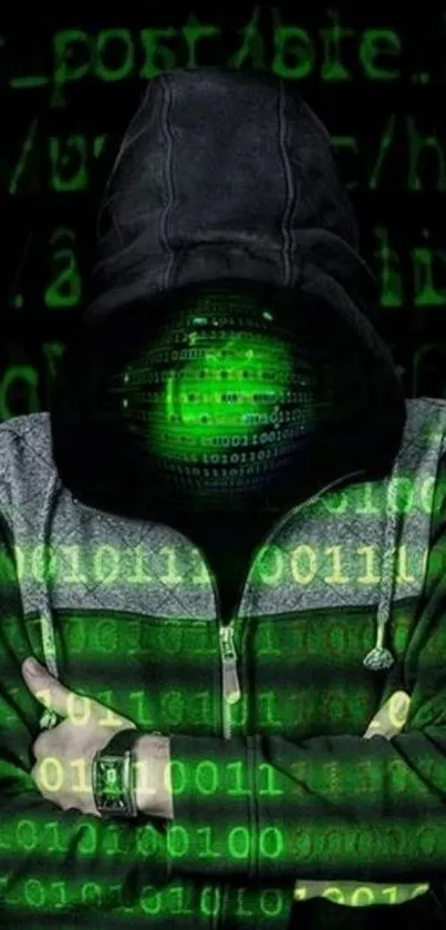 Mysterious hacker with hood and binary code overlay on mobile wallpaper.