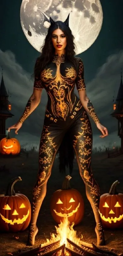 Mystical woman with pumpkins and moonlit haunted houses in Halloween scene.