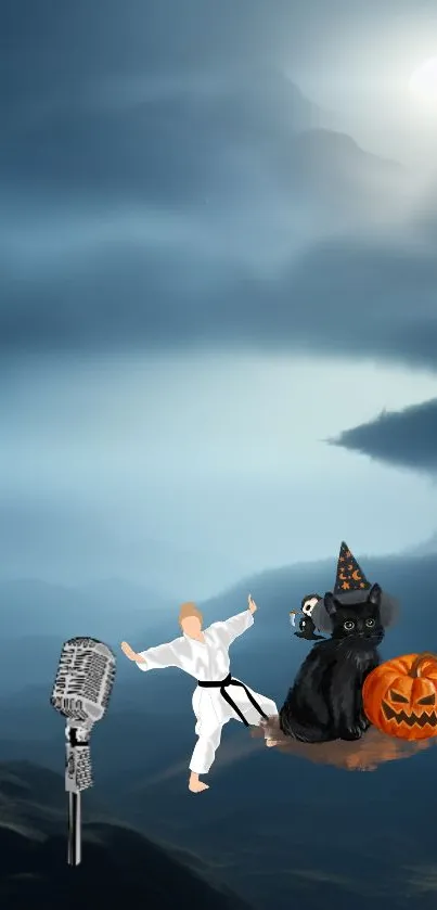 Mystical mobile wallpaper with a black cat, pumpkin, and mysterious landscape.