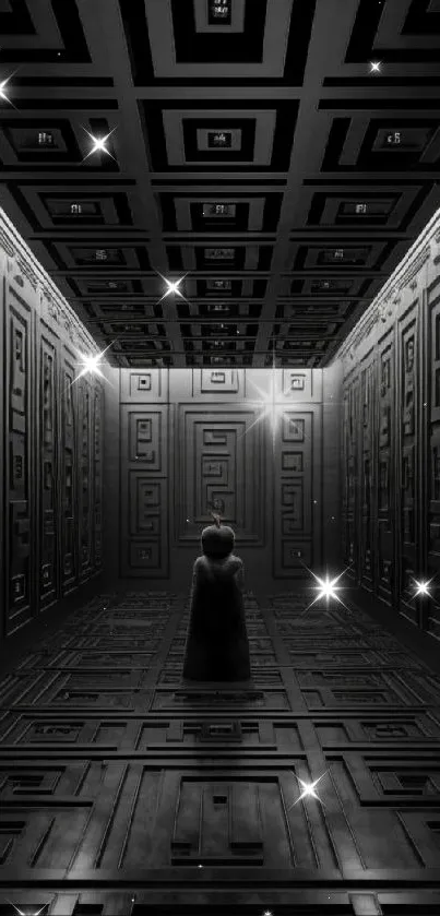 A person in a mysterious, dark geometric hallway.