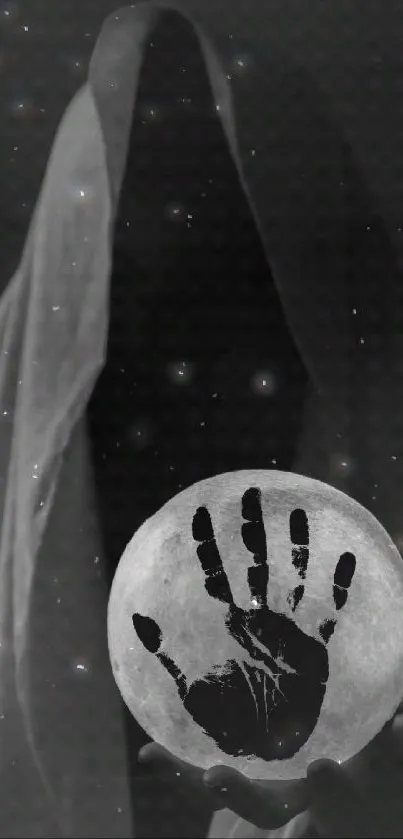 Handprint on glowing sphere held by shrouded figure in black and white.