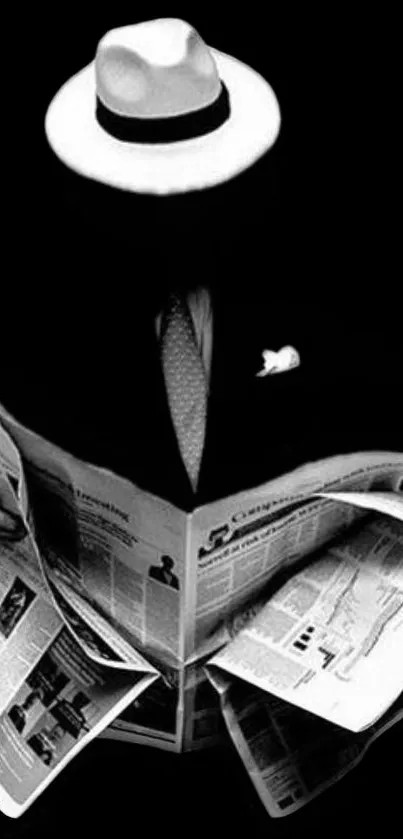 Silhouette of a man with hat reading newspapers, in a monochrome style.