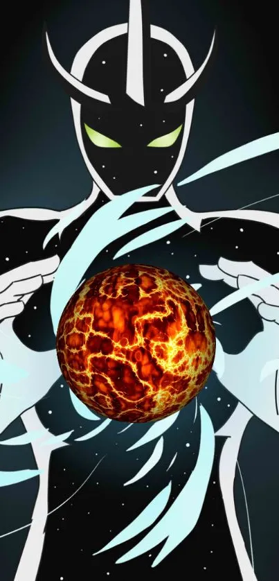 Superhero with fiery orb and glowing eyes on dark wallpaper.