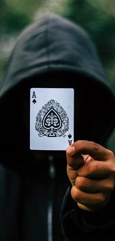 Hooded figure with ace of spades in a forest.