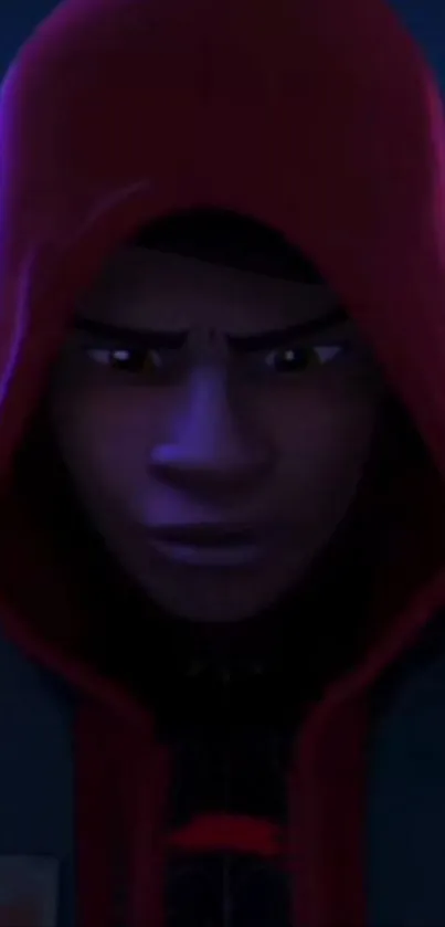 Hooded character in dark red against a shadowy background.