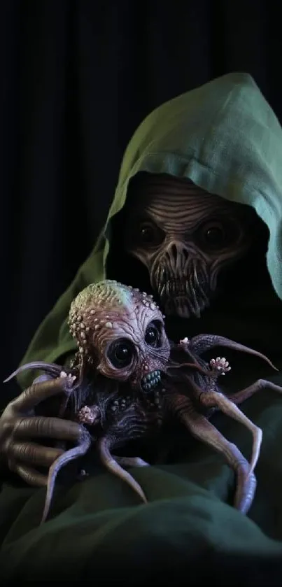 Hooded figure holding an alien-like creature, in a dark, mystical setting.