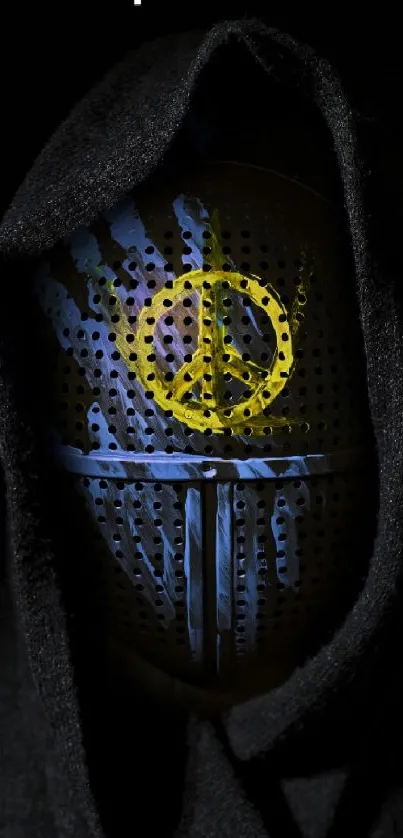Hooded figure with peace sign mask in dark artistic wallpaper.