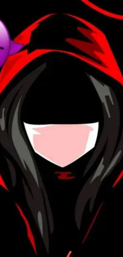 Hooded figure in red with an emoji on black background.