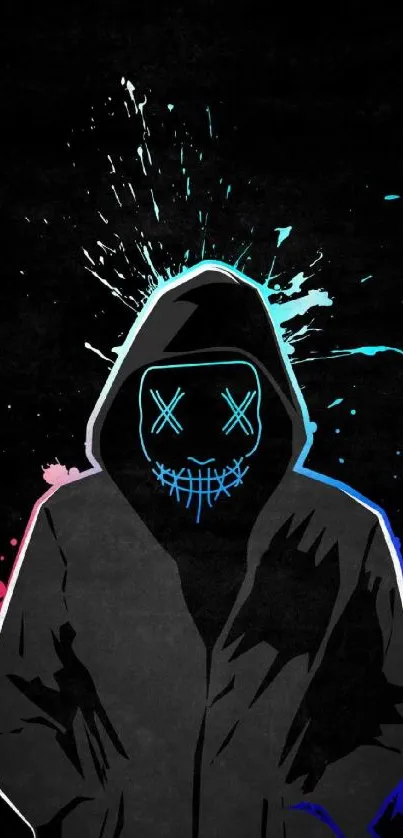 Wallpaper of a neon hooded figure with a dark artistic background.