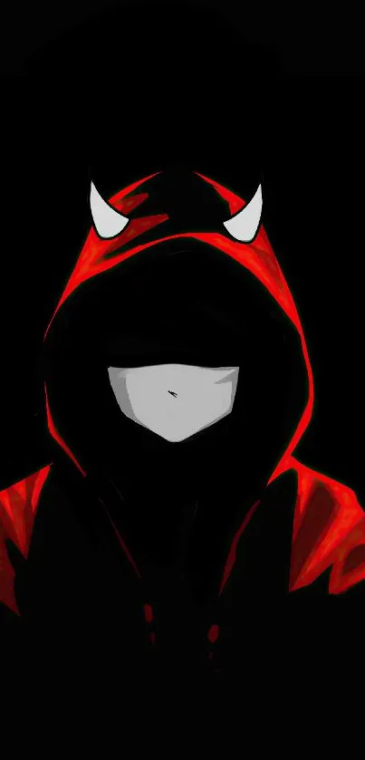 Mysterious hooded figure in red with horns on a dark mobile wallpaper.