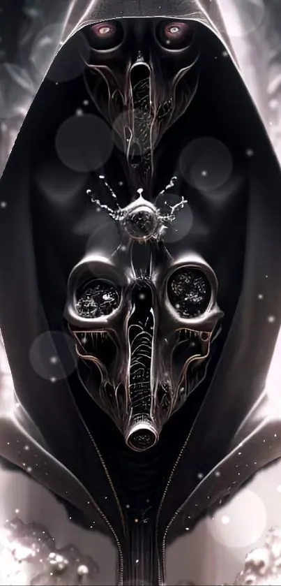 Intricately designed hooded figure in mysterious dark art.