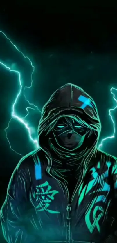 Electric blue hooded figure with neon glow.