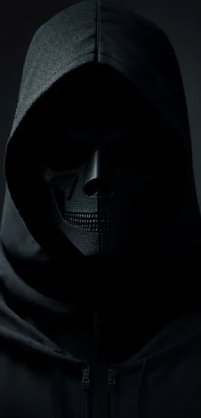 Hooded figure with a geometric mask in dark tones.