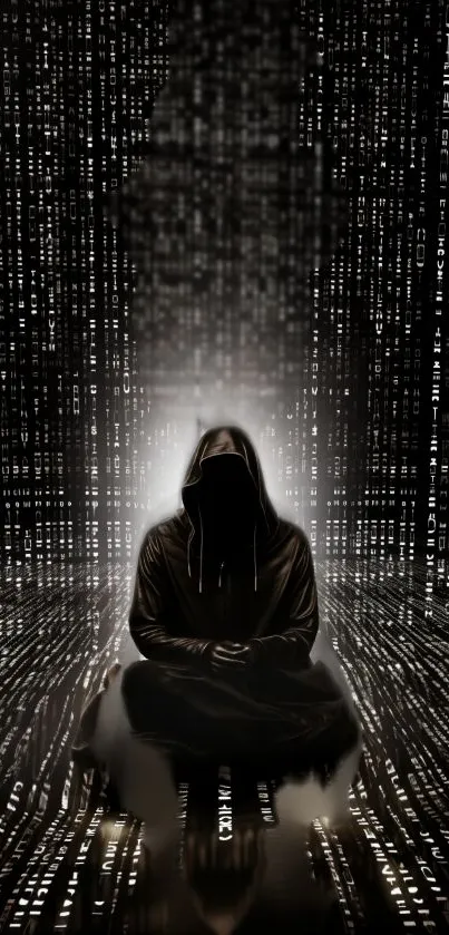 Hooded figure in digital matrix art wallpaper