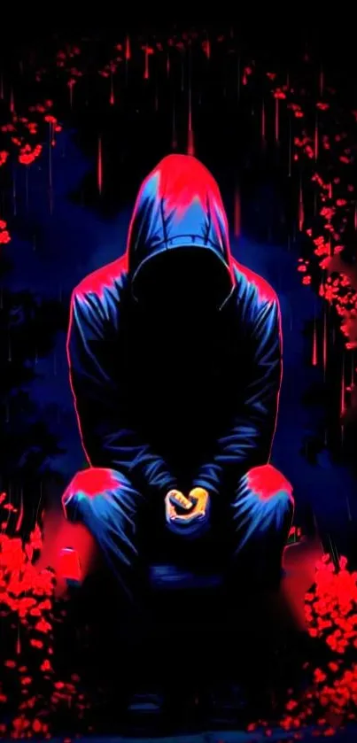 Hooded figure artwork with red and blue colors, mysterious and dramatic.