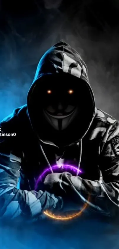 Mysterious hooded figure with glowing eyes wallpaper.