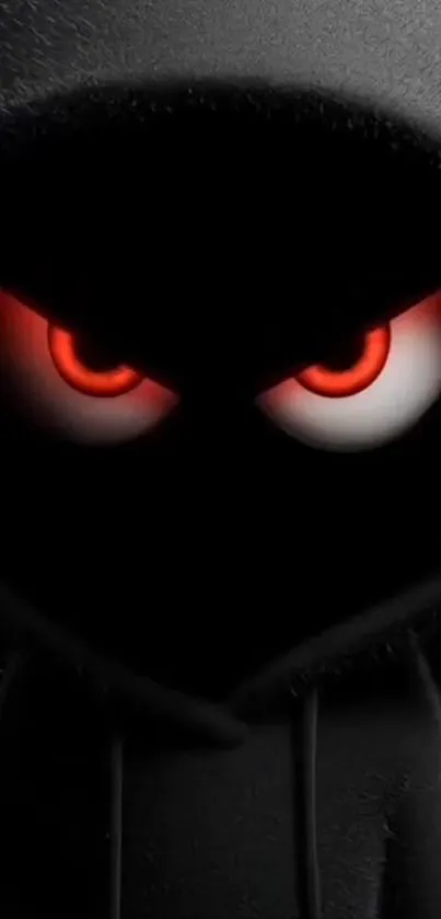 Hooded figure with glowing red eyes on a dark background.